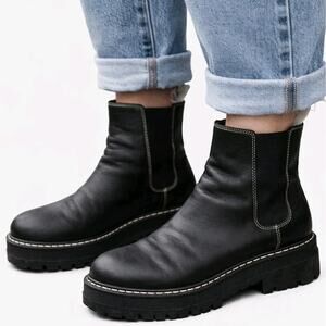 Marc Fisher LTD Pirro Lug Sole Pull On Boots Womens 8.5 Black Leather Chelsea